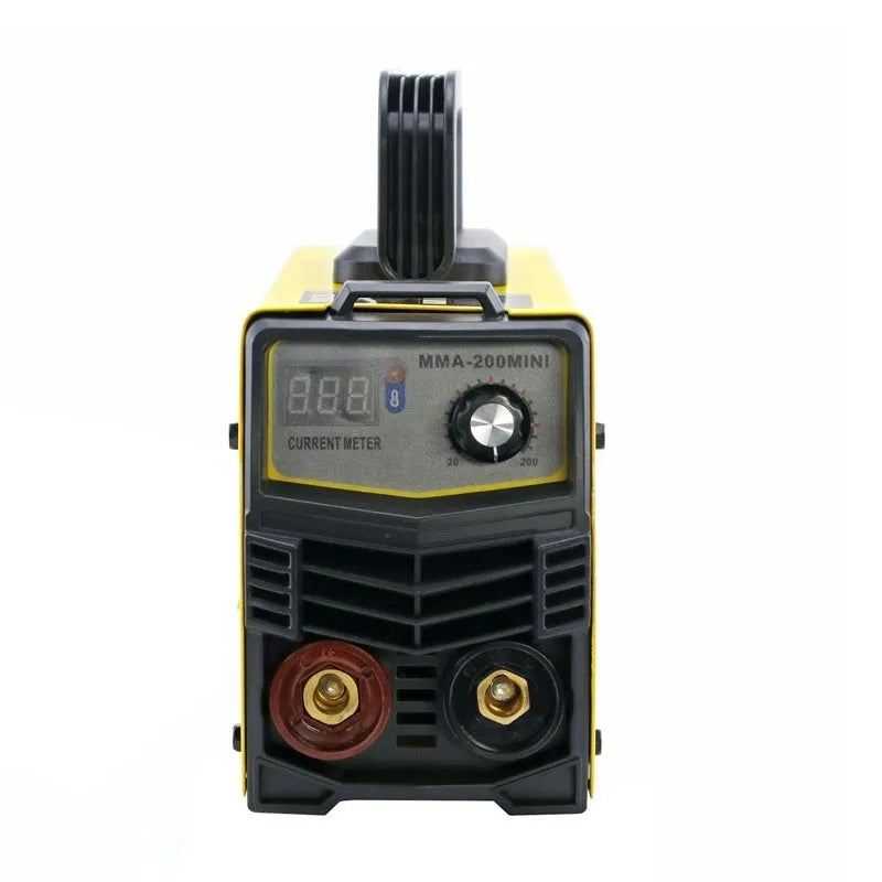 MMA-200MIN DC welding machine with welding tongs, grounding clamp, face shield, and brush hanger accessories