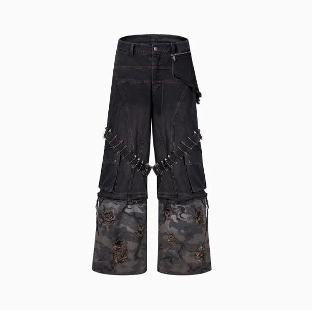 Men's grey cotton denim jeans with camouflage splicing pattern and structural pin and ribbon decorative details