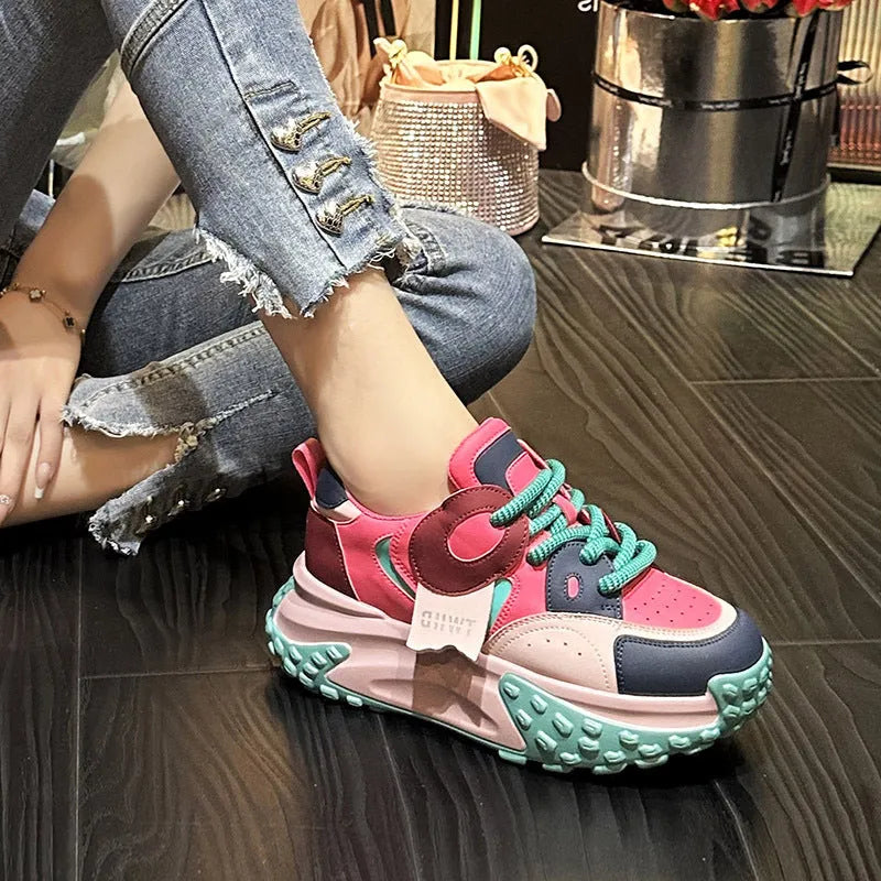 Leather sports casual shoes with thick wedge heel in multiple colour options showing front lace-up design
