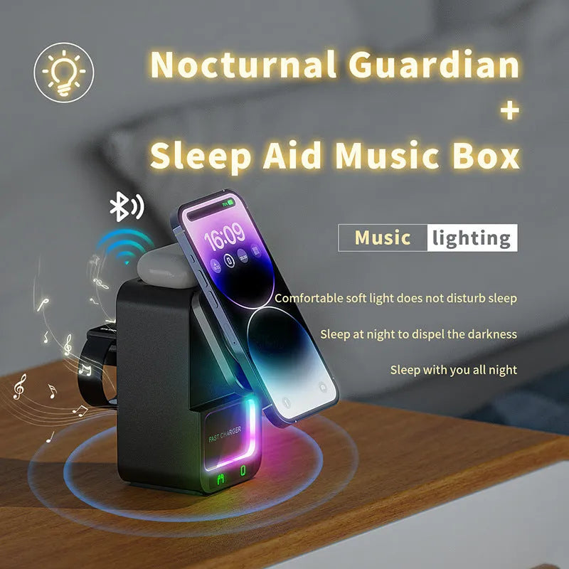 White Bluetooth speaker with integrated wireless charging surface showing phone placement