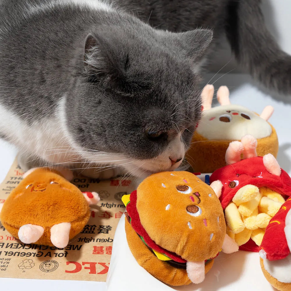 Soft TPR cat chewing toy set with hamburger, chicken leg, bread, fries, and hot dog designs for kitten teething.