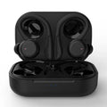 Wireless sports headphones with black hanging ear design, showing earbuds, ear hooks, and charging case