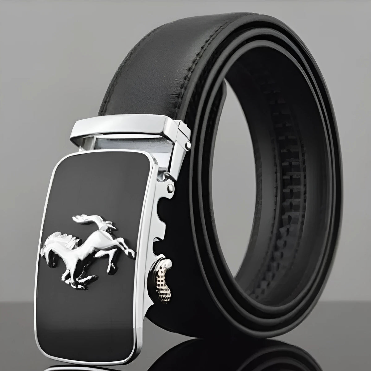 Men's black leather belt with automatic buckle, 3.5 cm width, showing buckle detail