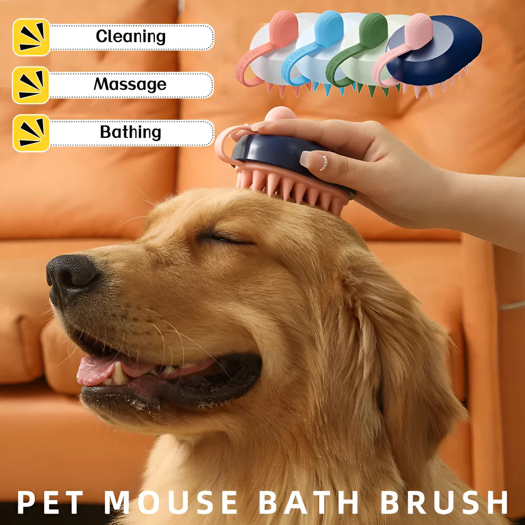 Soft silicone pet grooming brush with hair removal comb in four colour options for dog bath sessions