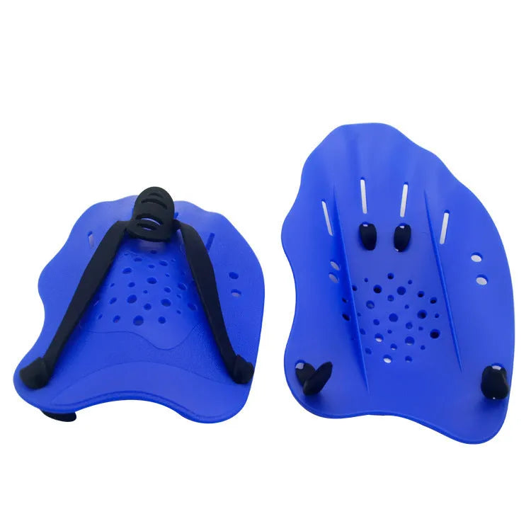 A pair of webbed swimming training paddle gloves for freestyle stroke development, shown in a dark blue colour with a yellow mirror belt.