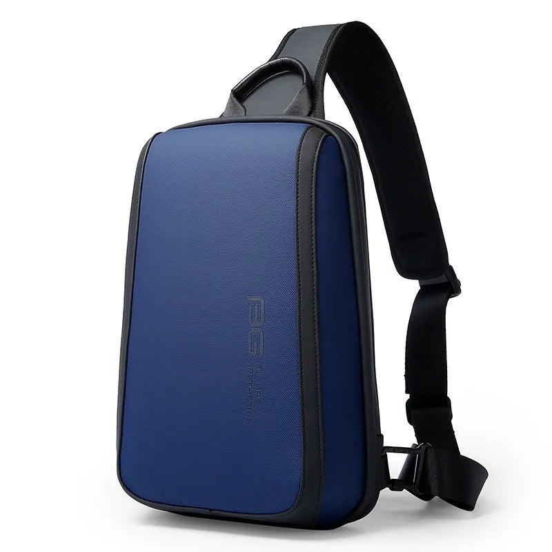 Blue Oxford cloth mens chest bag with double connector straps showing soft handle