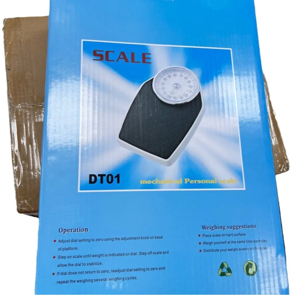 Black mechanical body weight scale with large dial pointer, dimensions 47x35x11cm