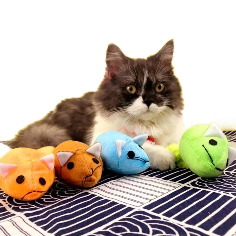 Plush cat mouse toy with mint refill, available in green, blue, orange, and coffee
