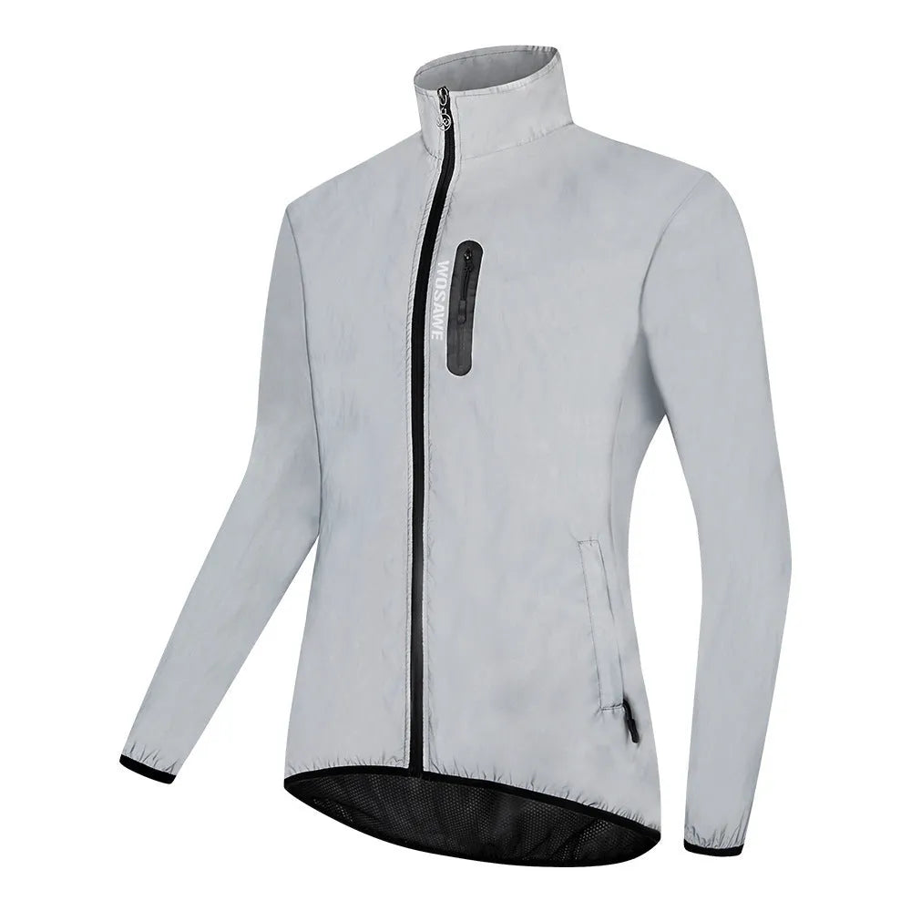 Silver waterproof polyester long sleeved jacket with front zip, shown on a hanger.
