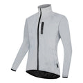 Silver waterproof polyester long sleeved jacket with front zip, shown on a hanger.