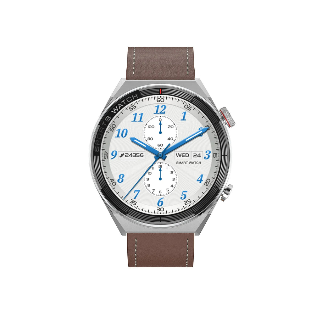 Large screen Bluetooth smart watch in black or silver with interchangeable leather, silicone, and steel straps.