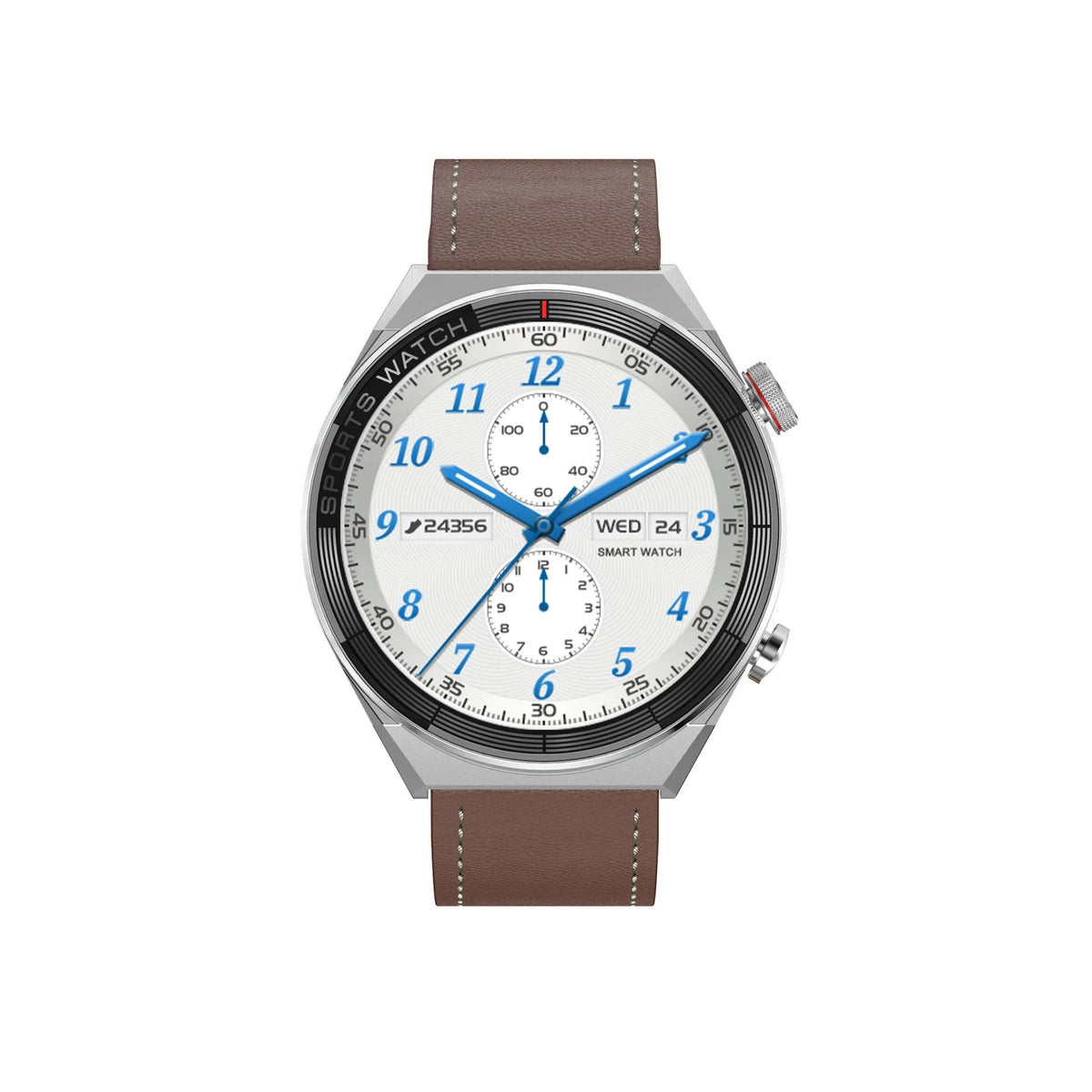 Large screen Bluetooth smart watch in black or silver with interchangeable leather, silicone, and steel straps.