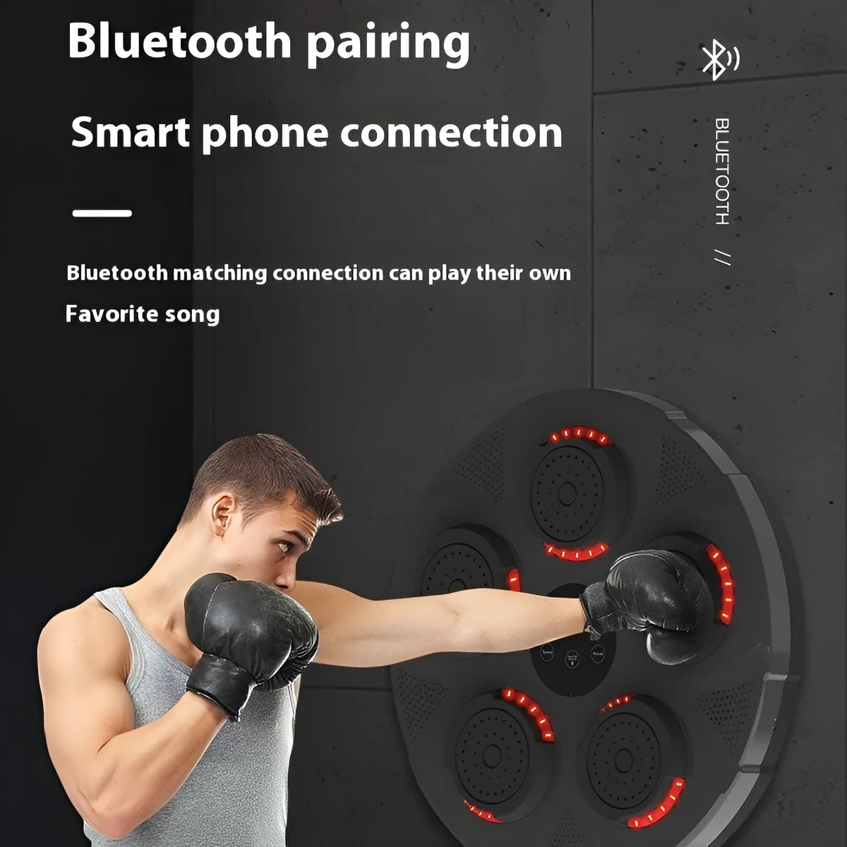 Wall-mounted smart boxing trainer with striking surfaces and multiple colour options including black, red, and white variations