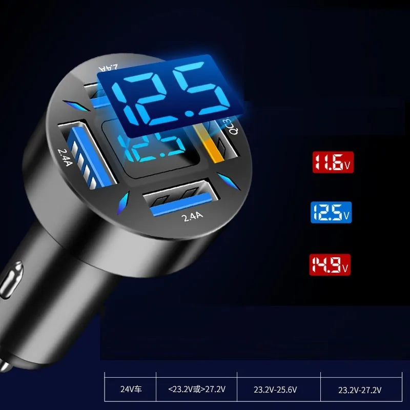 C177 model four-port USB car charger with QC3.0 fast charging and LED light display