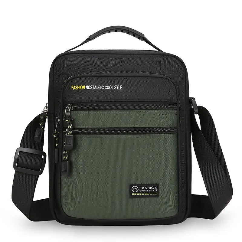 Men's nylon crossbody bag in green colour with multiple compartments and adjustable strap.