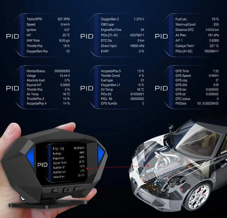 P1 vehicle HUD head-up display unit with LCD screen in black ABS+PC housing measuring 147x93x45mm