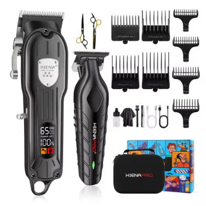 Black professional hair clipper set with LED display and adjustable length settings.