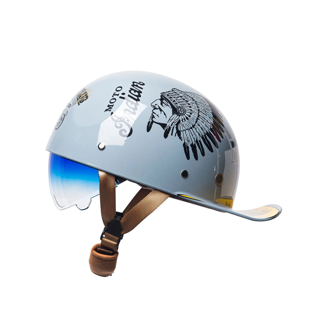 Men's retro electric bike half helmet in bright black gradient blue with matching lens.