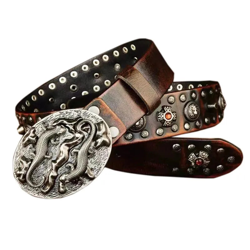 Men's punk-style leather belt with rivet details and an alloy buckle in a retro colour.