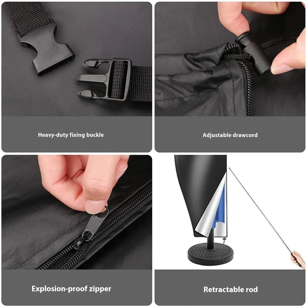 Black waterproof Oxford cloth cover for an offset banana-shaped garden parasol.