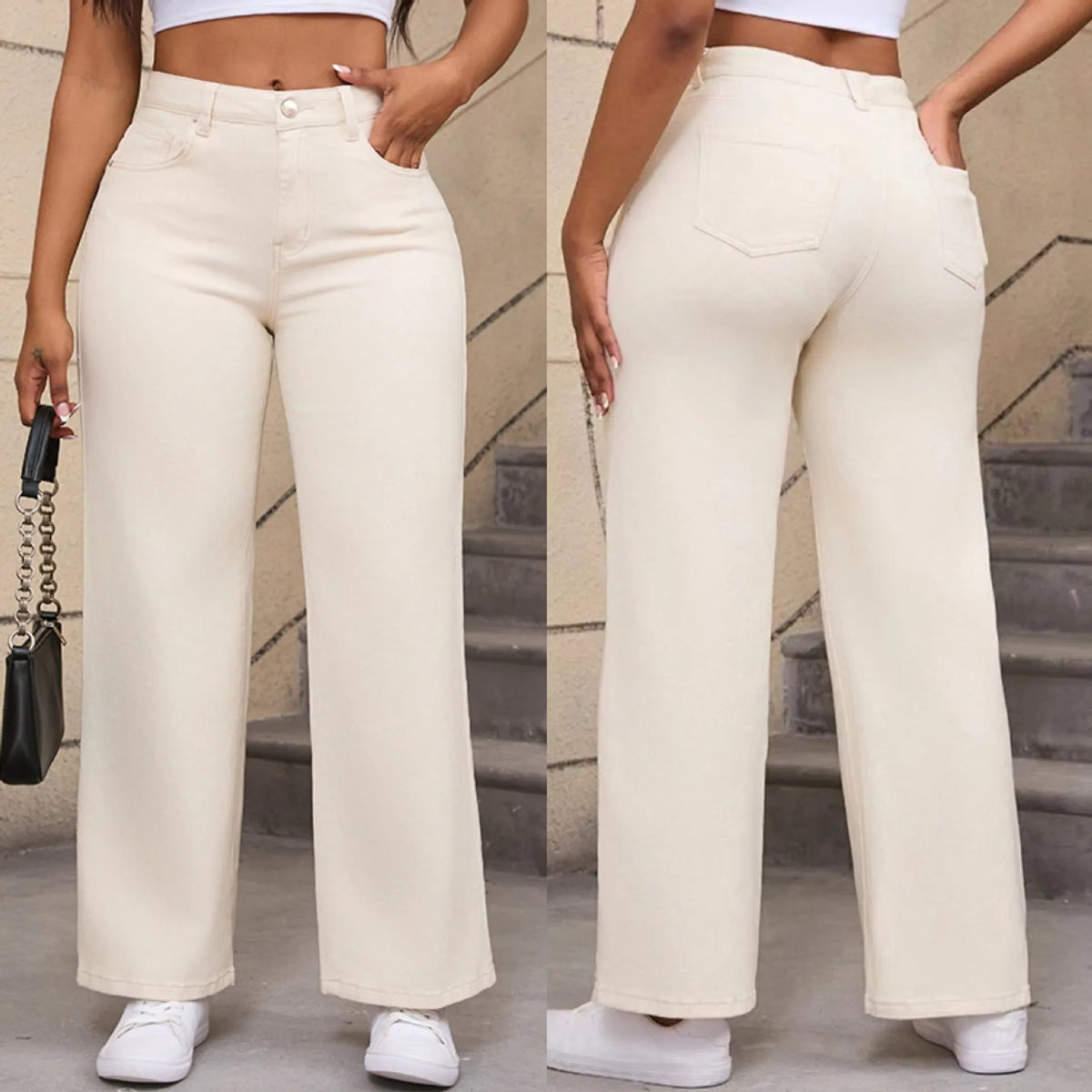 Women's apricot wide leg straight jeans with high waist on a hanger