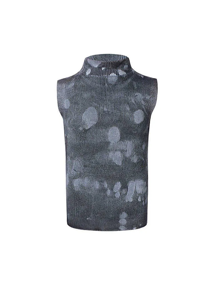 Men's black sleeveless vest with a stand collar and silver brushed detail, showing pullover design.