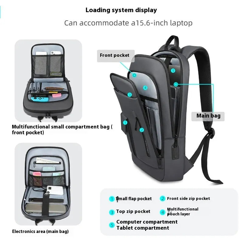 Men's solid colour Oxford cloth backpack in lightweight design for business travel.