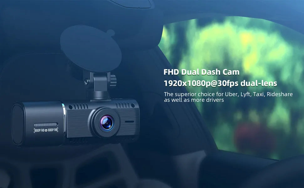 Standard black 1080p car dash camera with 1.5-inch screen, supplied with charger and stand.