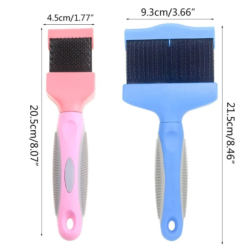 Double sided pet grooming brush with stainless steel pins and blue ABS handle shown from multiple angles