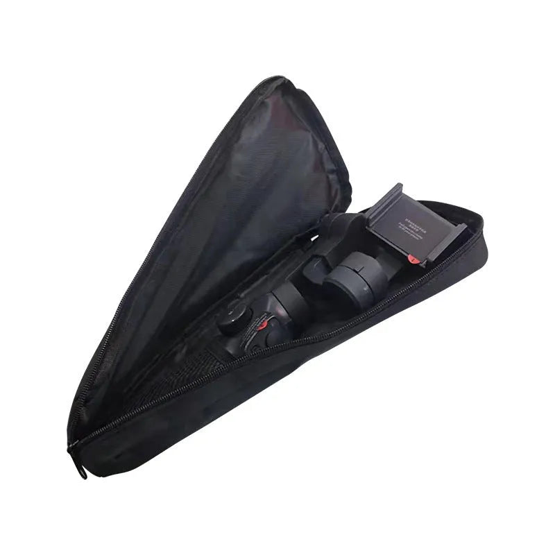 Black cloth storage bag for a mobile phone stabiliser, shown open with an accessory compartment.