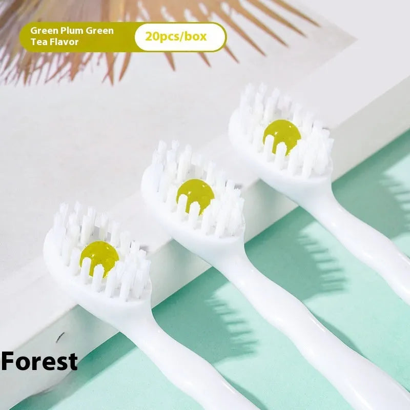 Box of 20 disposable bead toothbrushes for travel with flavour options including mint, peach, and plum green tea