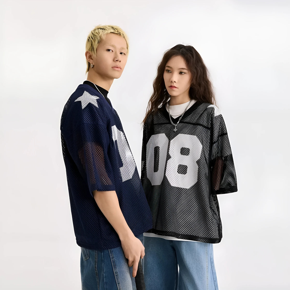 Loose fit half sleeve pullover shirt with letter pattern in black or navy blue