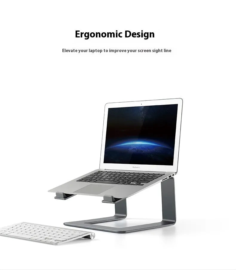 Black aluminium laptop stand elevating notebook with improved ventilation space underneath