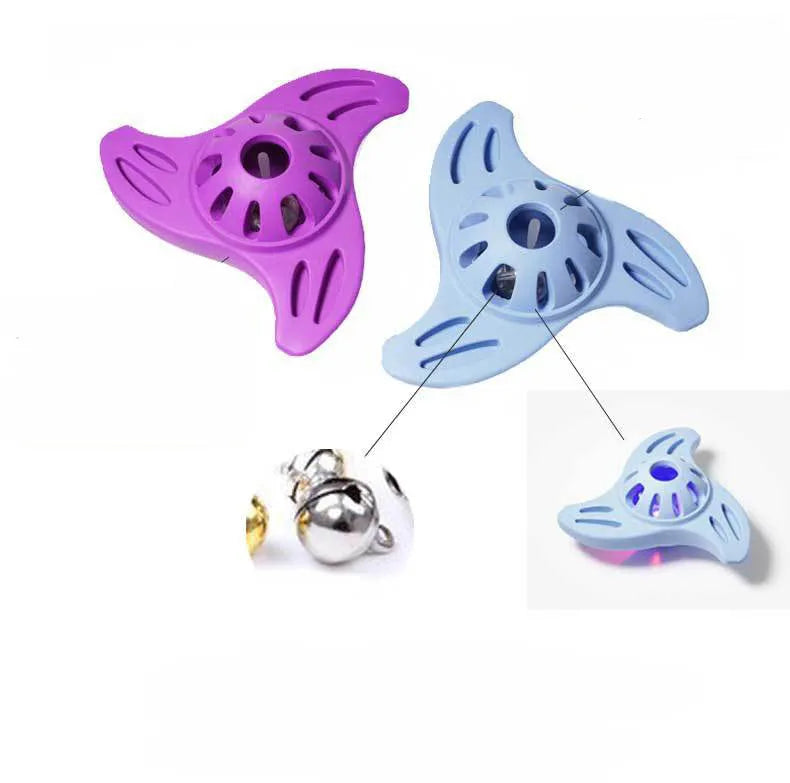 Blue boomerang-shaped natural rubber dog chew toy with raised ridges on a white background.