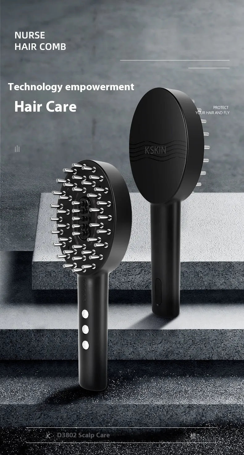 KD3802 Black handheld vibration scalp massage device with USB charging cable.