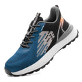 Blue men's low-top safety work shoes with mesh upper and plastic toe cap on a white background.