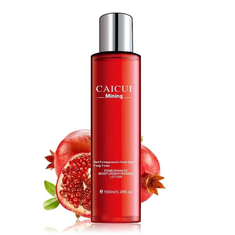 Pomegranate skincare set containing face wash, toner, lotion and facial cream in red packaging.
