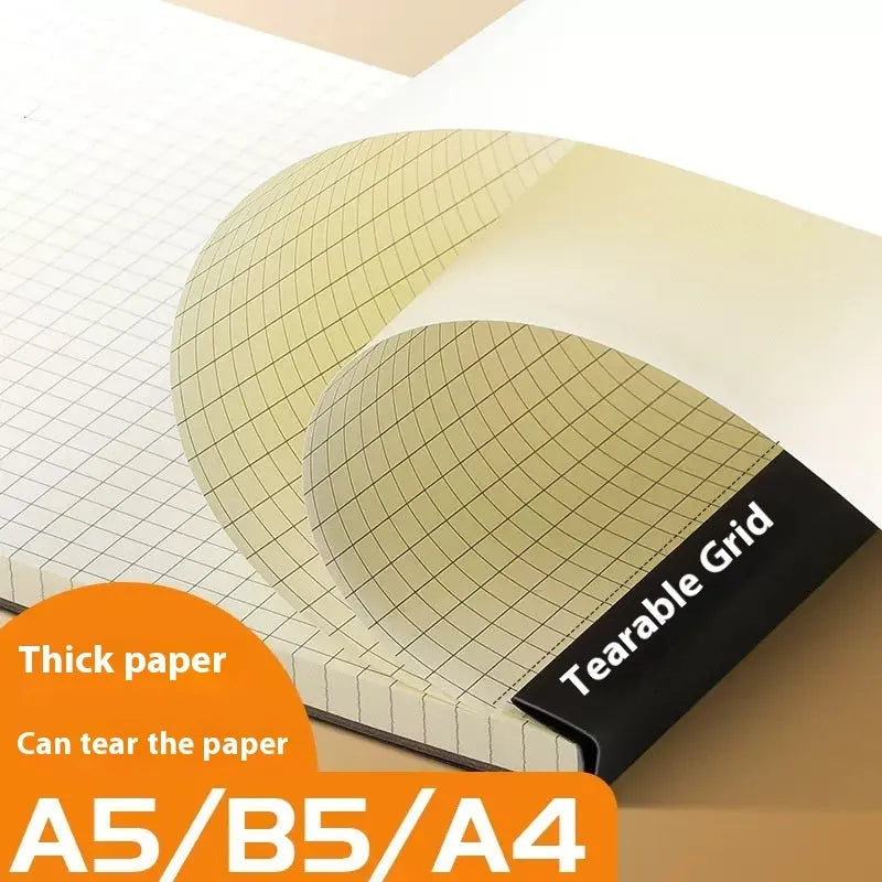 Set of A4, A5 and B5 tearable writing pads showing blank, grid and lined ruling options.