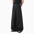 Black American retro high waist straight leg jeans on a model, showing the zip fly and straight cut.