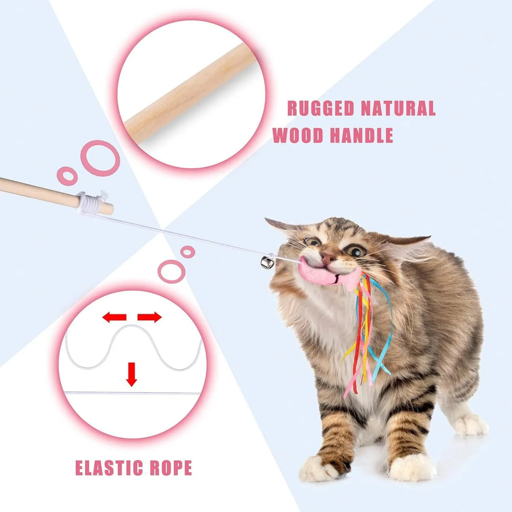 Cat wand toy with wooden handle, elastic string, catnip fish, colourful ribbons and metal bell