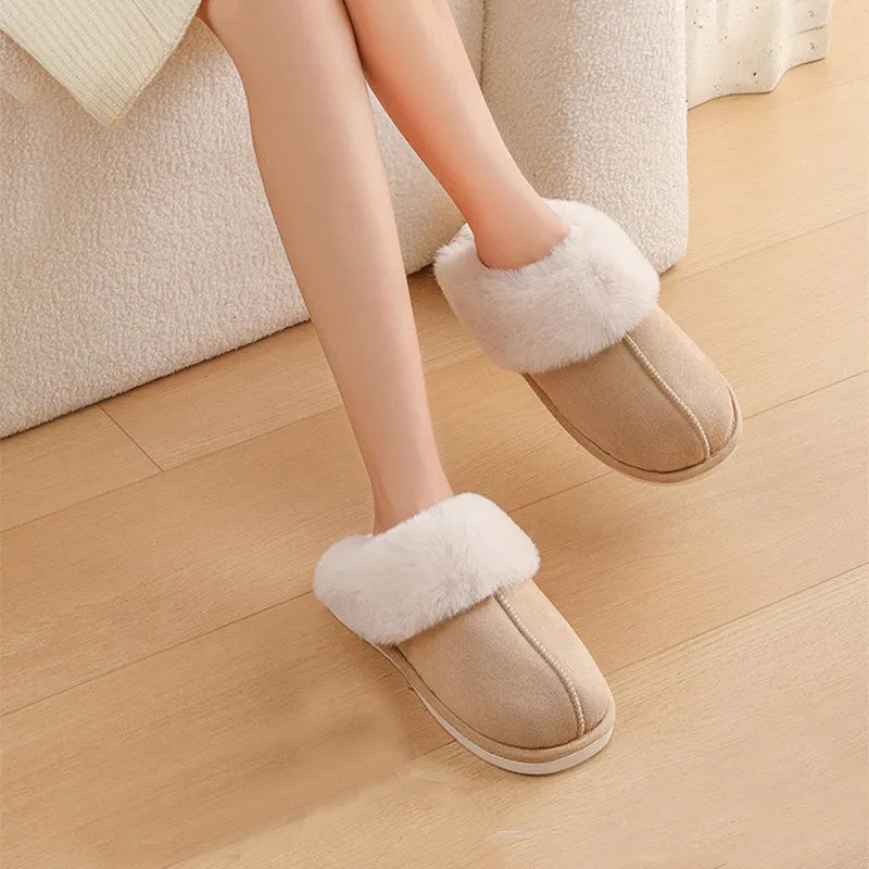 Brown plush women's slippers with a round toe, flat heel, and textured non-slip sole.