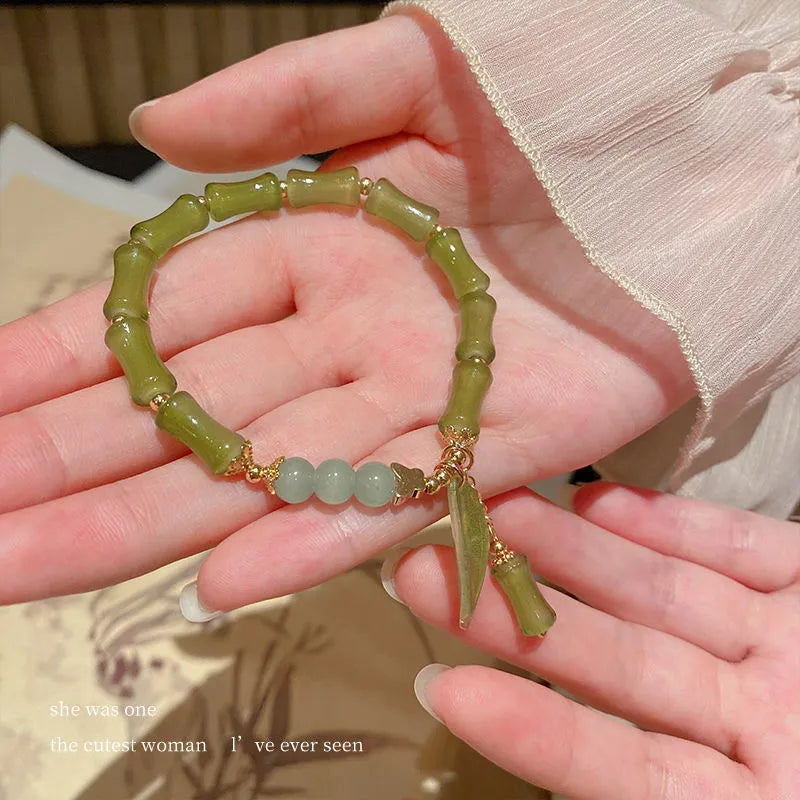 Chinese style bamboo leaf glass bracelet for women with manual processing