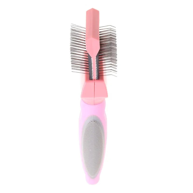 Double sided pet grooming brush with stainless steel pins and blue ABS handle shown from multiple angles