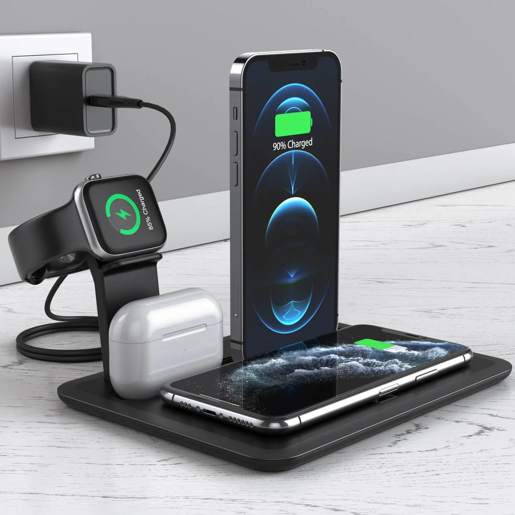 Black desktop wireless charging station with phone bracket, watch and headphone charging ports