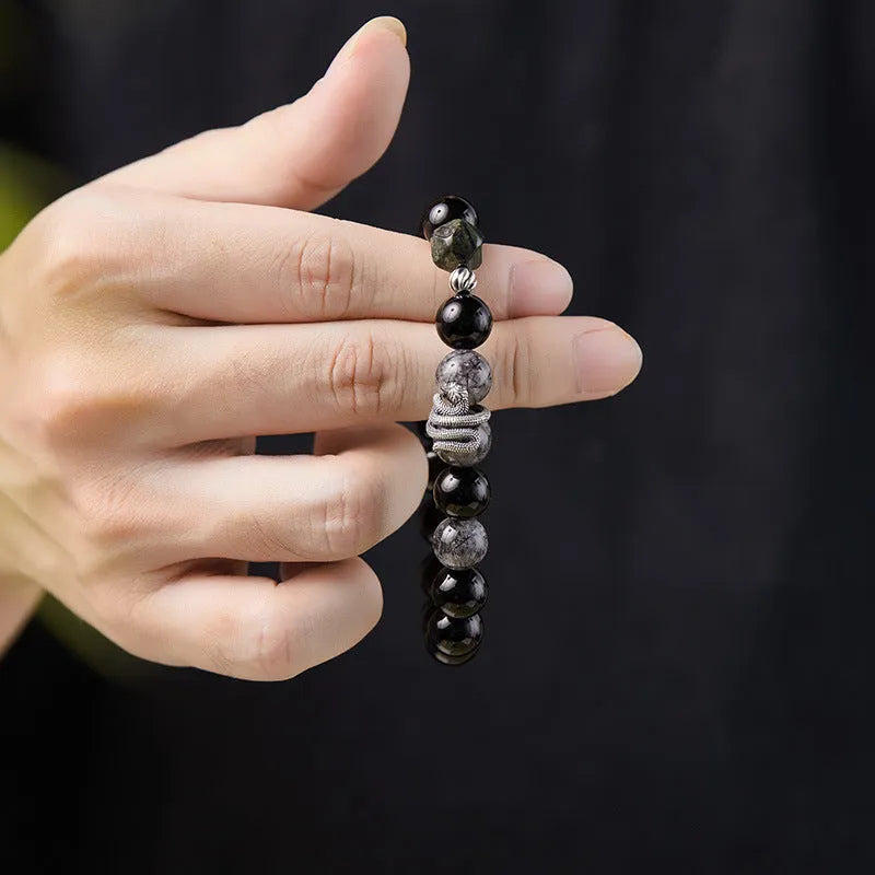 Men's S925 sterling silver snake bracelet with obsidian black hair crystal retro design