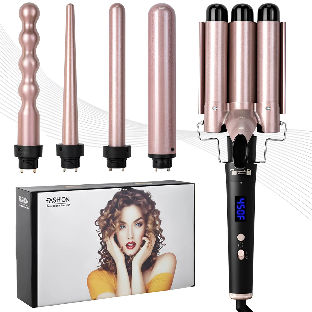 Rose gold five-in-one tube replacement hair curler with LCD screen and negative ion function