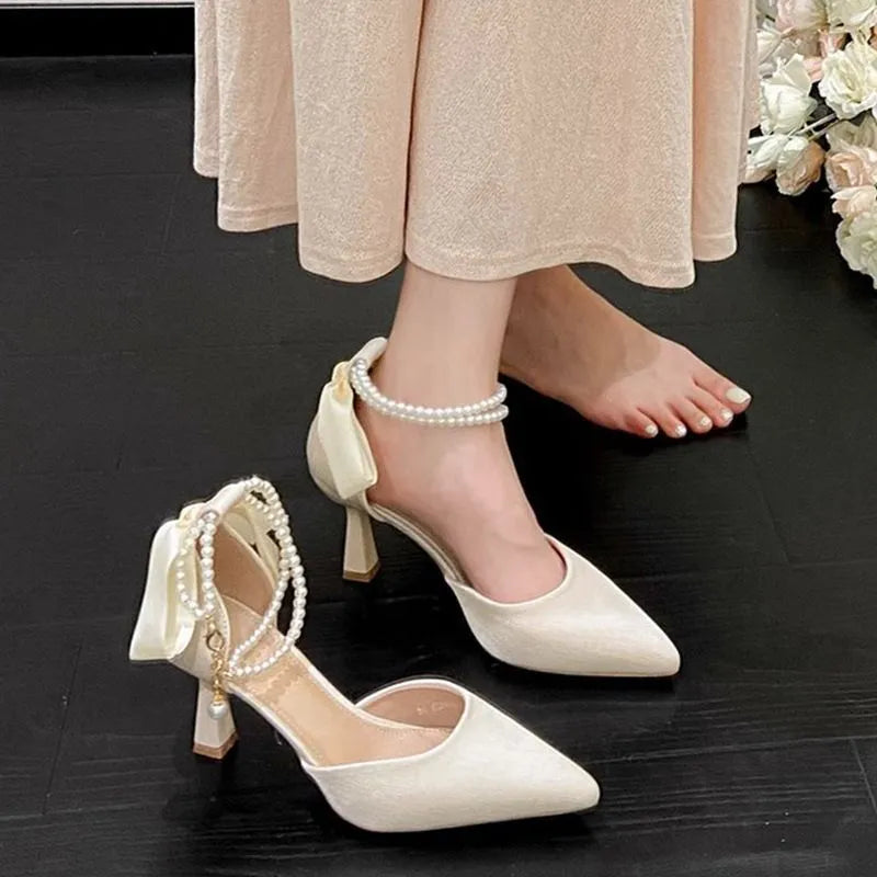 Apricot bow high heels with 6cm wine glass heel, PU upper and sole, middle mouth cut, sizes 34-40