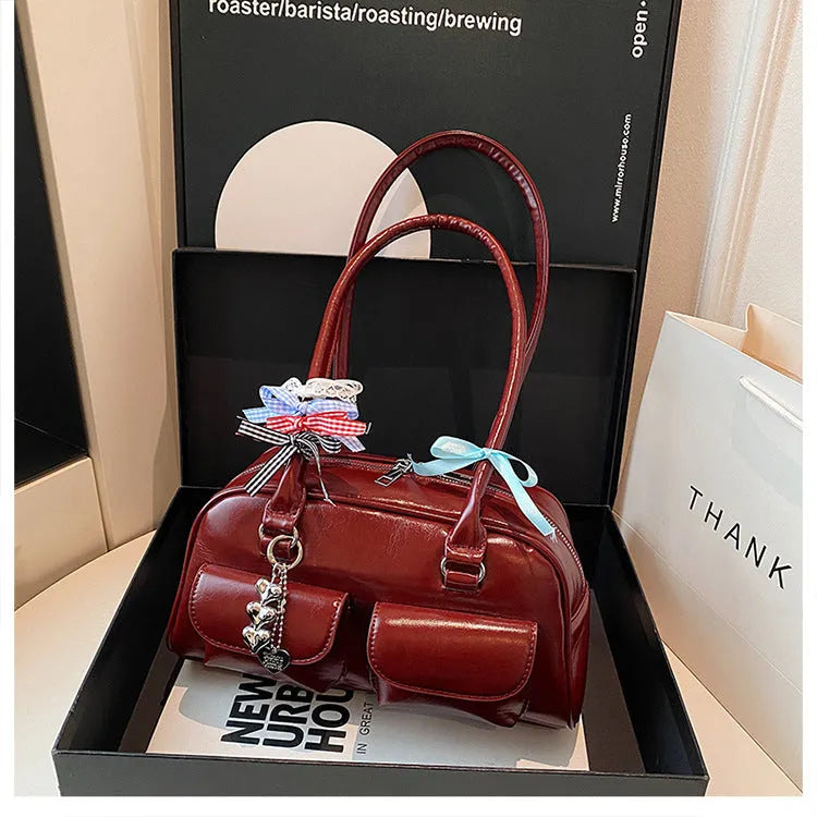 Retro pillow-shaped women's shoulder bag in PU leather with double straps