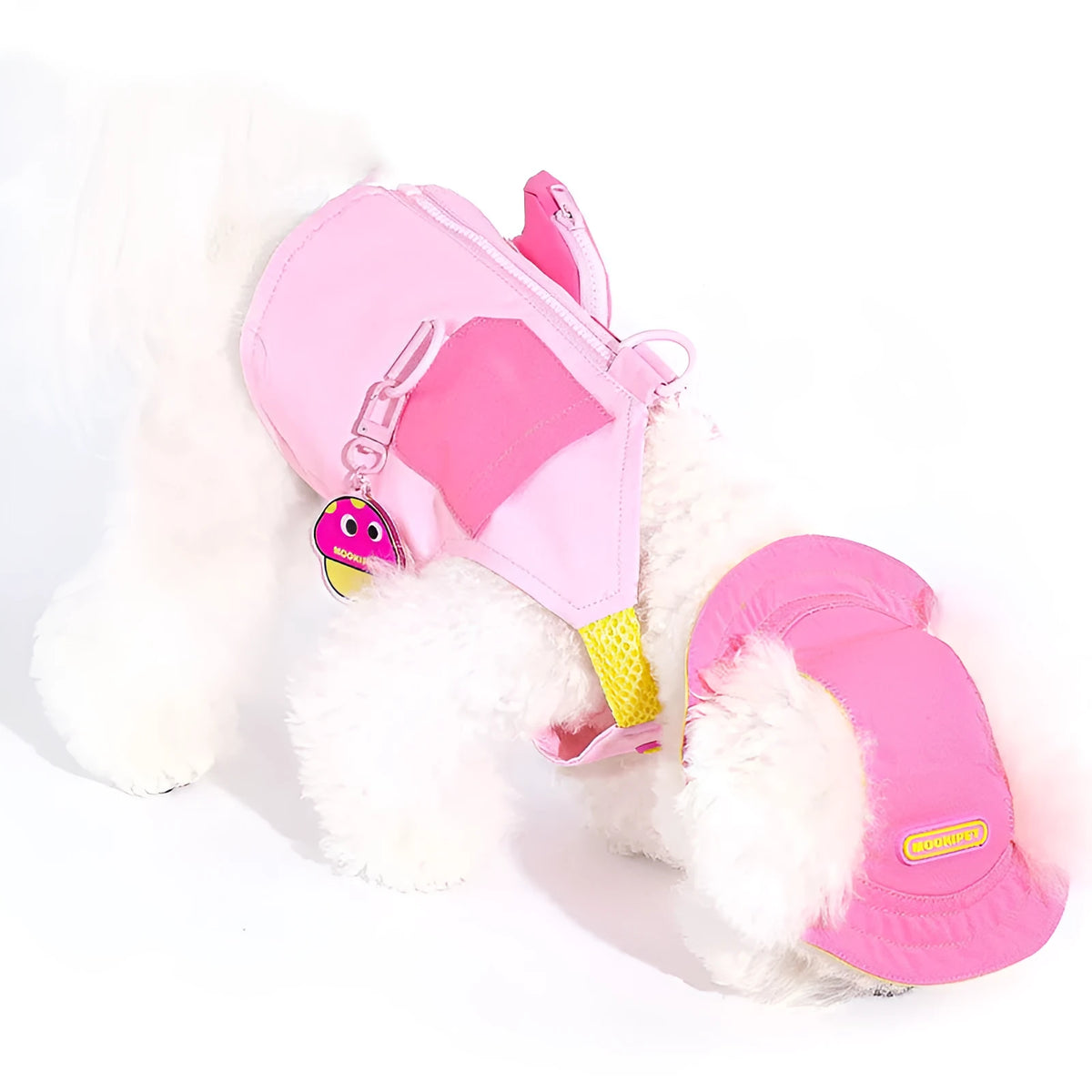 Pink polyester pet vest for a small dog on a mannequin, showing casual styling.