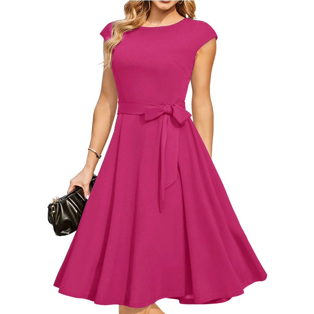 Sleeveless lace-up waist dress with oversized swing skirt in twisted silk polyester